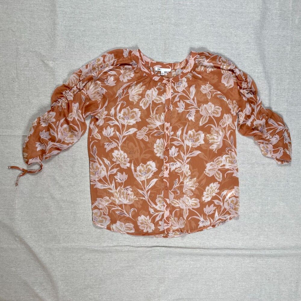 DR2 | Sheer Orange Floral Button Front Blouse with Ruched Sleeves | Large